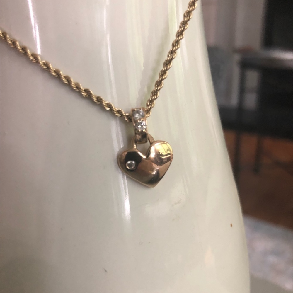 14k Yellow Gold Diamond Heart Pendant and Rope Chain 17” Beautiful Piece